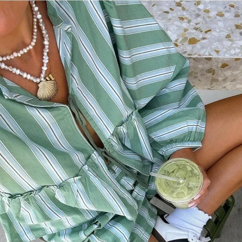 Women's Clothing 2-piece Set Outfit Sleeves Shorts Shirt Shorts Fast Selling Stripes Suits Comfortable Fashion Shirts for Women - FitHealthHavenFitHealthHavenFitHealthHaven14:1254green;5:100014064greenSWomen's Clothing 2-piece Set Outfit Sleeves Shorts Shirt Shorts Fast Selling Stripes Suits Comfortable Fashion Shirts for Women