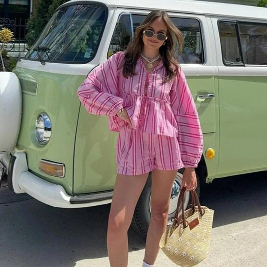 Women's Clothing 2-piece Set Outfit Sleeves Shorts Shirt Shorts Fast Selling Stripes Suits Comfortable Fashion Shirts for Women - FitHealthHavenFitHealthHavenFitHealthHaven14:1254green;5:100014064greenSWomen's Clothing 2-piece Set Outfit Sleeves Shorts Shirt Shorts Fast Selling Stripes Suits Comfortable Fashion Shirts for Women