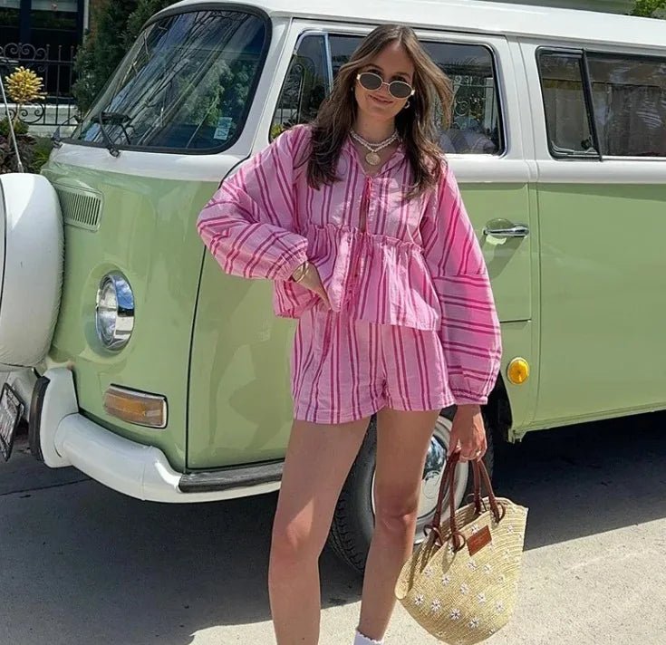 Women's Clothing 2-piece Set Outfit Sleeves Shorts Shirt Shorts Fast Selling Stripes Suits Comfortable Fashion Shirts for Women - FitHealthHavenFitHealthHavenFitHealthHaven14:771pink;5:361385pinkLWomen's Clothing 2-piece Set Outfit Sleeves Shorts Shirt Shorts Fast Selling Stripes Suits Comfortable Fashion Shirts for Women