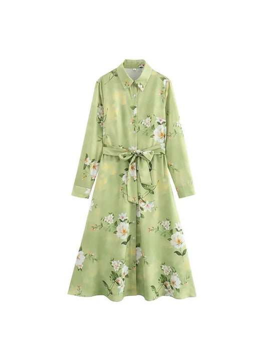 Women's clothing 2024 new fashion European and American style retro simple printed lapel single-breasted slim flower dress - FitHealthHavenFitHealthHavenFitHealthHaven14:203027876;5:361385Light GreenLWomen's clothing 2024 new fashion European and American style retro simple printed lapel single-breasted slim flower dress