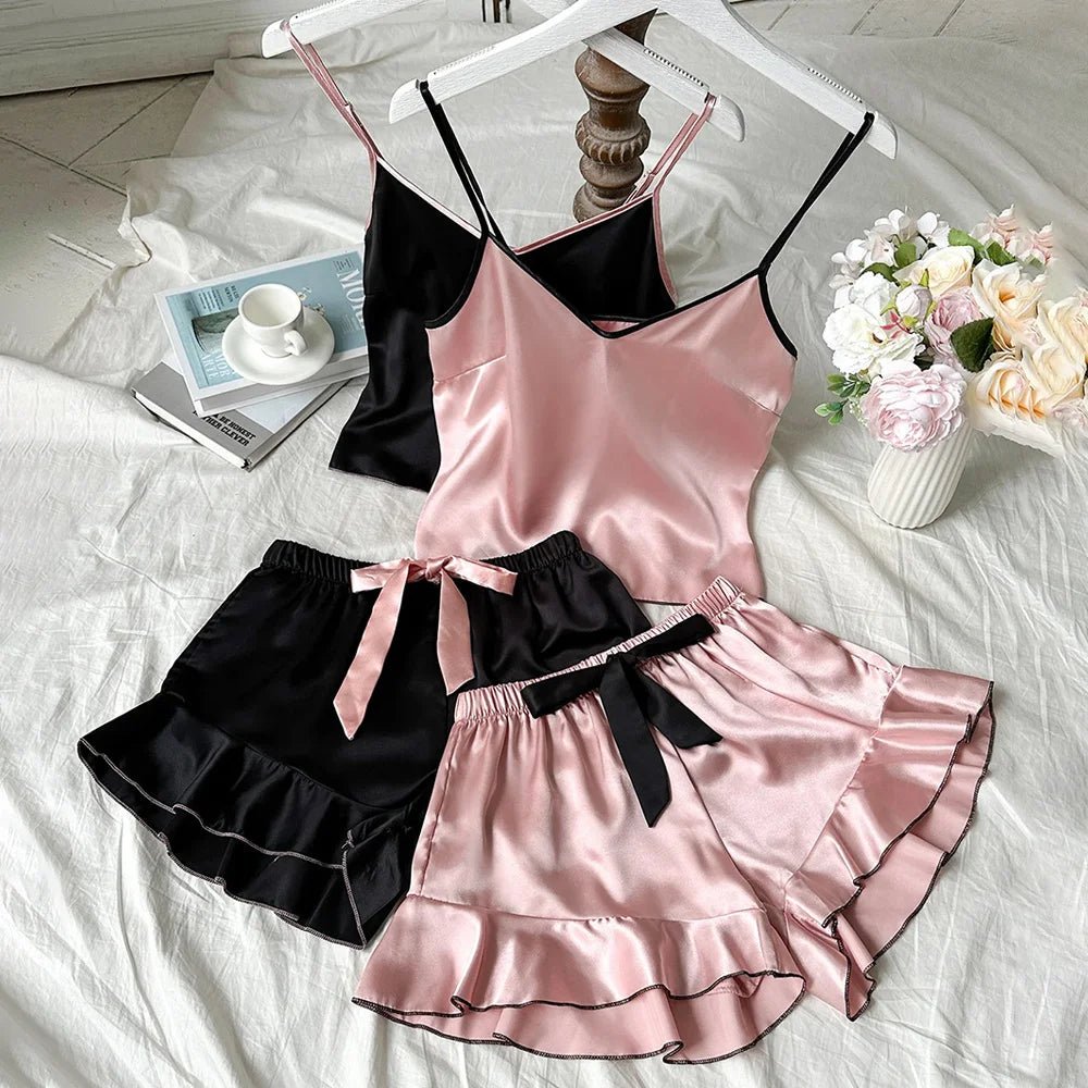 Women's Smooth Satin Pajamas V-Neck T-Shirt Ruffled Edges And Bow Shorts Simple And Breathable Pajama Set Sling Home Clothing - FitHealthHavenFitHealthHavenFitHealthHaven14:193Black;5:361386BlackMWomen's Smooth Satin Pajamas V-Neck T-Shirt Ruffled Edges And Bow Shorts Simple And Breathable Pajama Set Sling Home Clothing