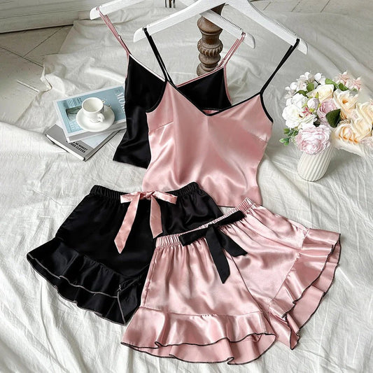 Women's Smooth Satin Pajamas V-Neck T-Shirt Ruffled Edges And Bow Shorts Simple And Breathable Pajama Set Sling Home Clothing - FitHealthHavenFitHealthHavenFitHealthHaven14:193Black;5:361386BlackMWomen's Smooth Satin Pajamas V-Neck T-Shirt Ruffled Edges And Bow Shorts Simple And Breathable Pajama Set Sling Home Clothing