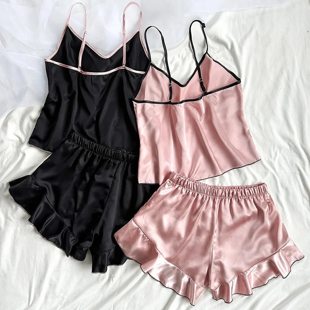 Women's Smooth Satin Pajamas V-Neck T-Shirt Ruffled Edges And Bow Shorts Simple And Breathable Pajama Set Sling Home Clothing - FitHealthHavenFitHealthHavenFitHealthHaven14:193Black;5:361386BlackMWomen's Smooth Satin Pajamas V-Neck T-Shirt Ruffled Edges And Bow Shorts Simple And Breathable Pajama Set Sling Home Clothing