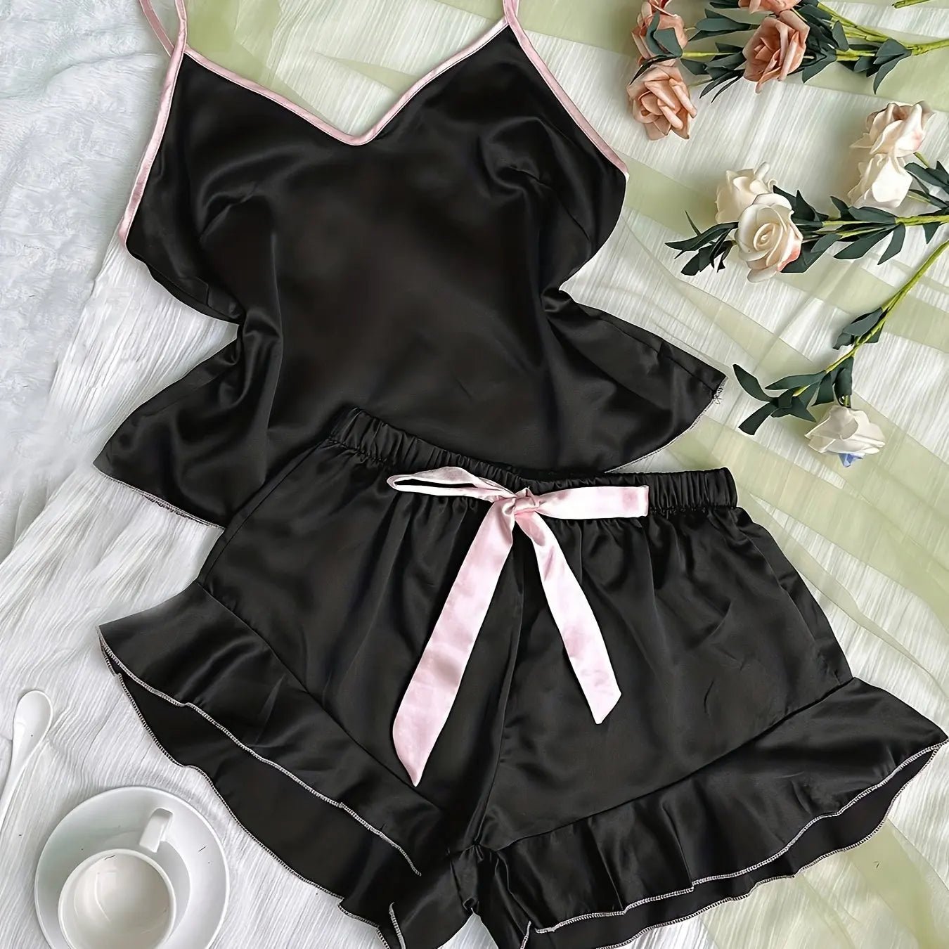 Women's Smooth Satin Pajamas V-Neck T-Shirt Ruffled Edges And Bow Shorts Simple And Breathable Pajama Set Sling Home Clothing - FitHealthHavenFitHealthHavenFitHealthHaven14:193Black;5:361386BlackMWomen's Smooth Satin Pajamas V-Neck T-Shirt Ruffled Edges And Bow Shorts Simple And Breathable Pajama Set Sling Home Clothing