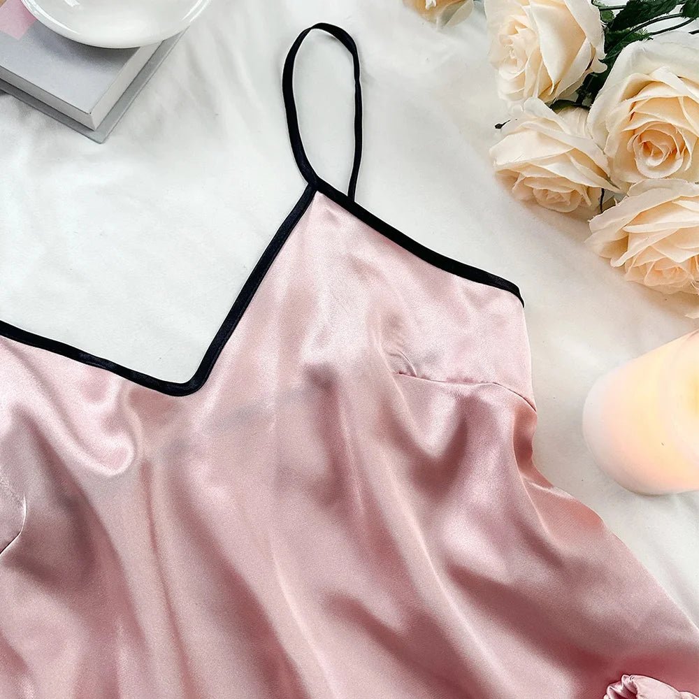 Women's Smooth Satin Pajamas V-Neck T-Shirt Ruffled Edges And Bow Shorts Simple And Breathable Pajama Set Sling Home Clothing - FitHealthHavenFitHealthHavenFitHealthHaven14:193Black;5:361386BlackMWomen's Smooth Satin Pajamas V-Neck T-Shirt Ruffled Edges And Bow Shorts Simple And Breathable Pajama Set Sling Home Clothing