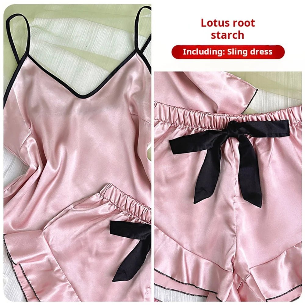 Women's Smooth Satin Pajamas V-Neck T-Shirt Ruffled Edges And Bow Shorts Simple And Breathable Pajama Set Sling Home Clothing - FitHealthHavenFitHealthHavenFitHealthHaven14:193Black;5:361386BlackMWomen's Smooth Satin Pajamas V-Neck T-Shirt Ruffled Edges And Bow Shorts Simple And Breathable Pajama Set Sling Home Clothing