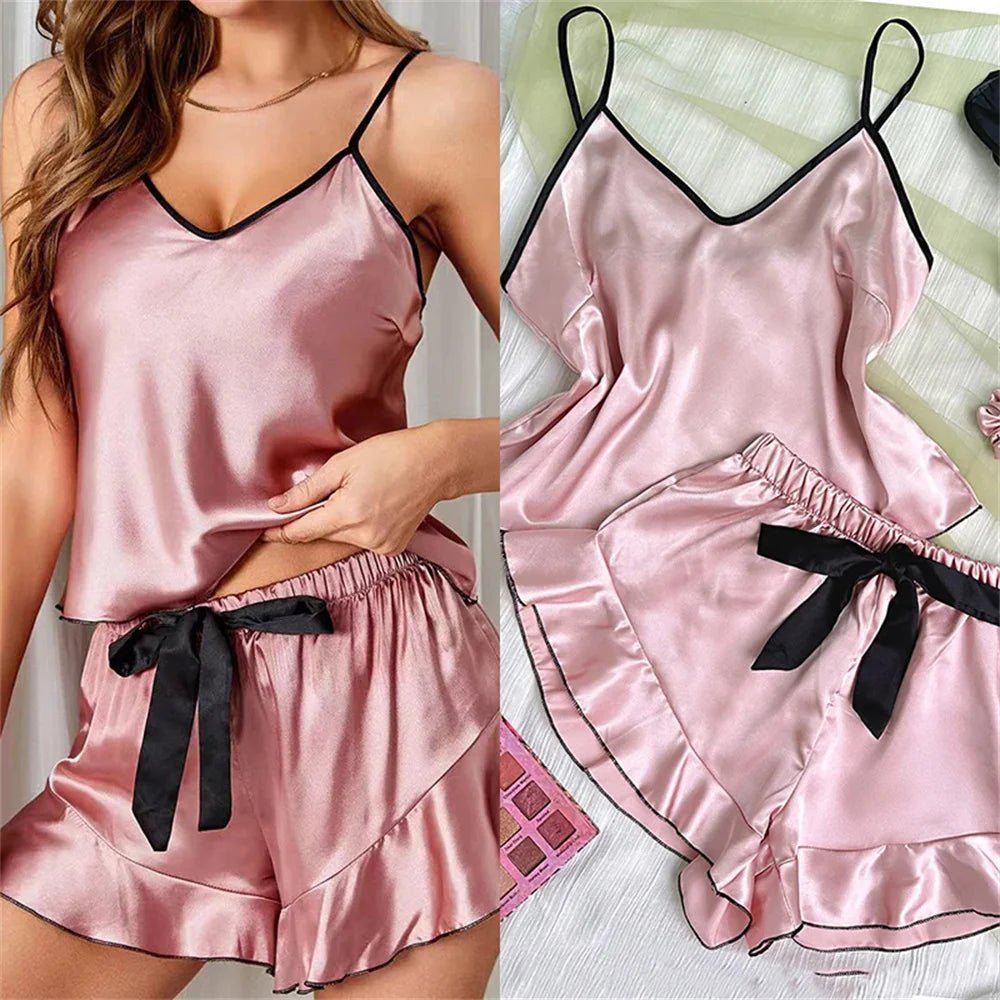 Women's Smooth Satin Pajamas V-Neck T-Shirt Ruffled Edges And Bow Shorts Simple And Breathable Pajama Set Sling Home Clothing - FitHealthHavenFitHealthHavenFitHealthHaven14:193Black;5:361386BlackMWomen's Smooth Satin Pajamas V-Neck T-Shirt Ruffled Edges And Bow Shorts Simple And Breathable Pajama Set Sling Home Clothing